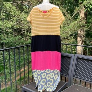 Simply Southern pink/yellow/black daisy/striped maxi dress with pockets  sz. S